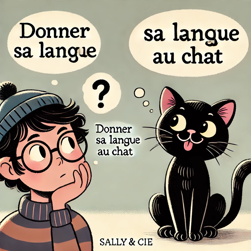 DALL·E 2024 07 17 12.36.11 Illustration of the French expression 'donner sa langue au chat' featuring a black cat inspired by the Black Cat of Sally & Cie. The scene should depi