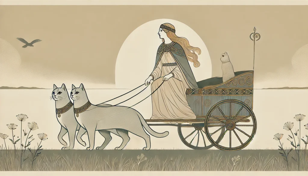 DALL·E 2024 12 24 10.13.32 A depiction of the Norse goddess Freyja seated in a chariot drawn by two large gray cats in a minimalist and subdued environment. Freyja appears radia